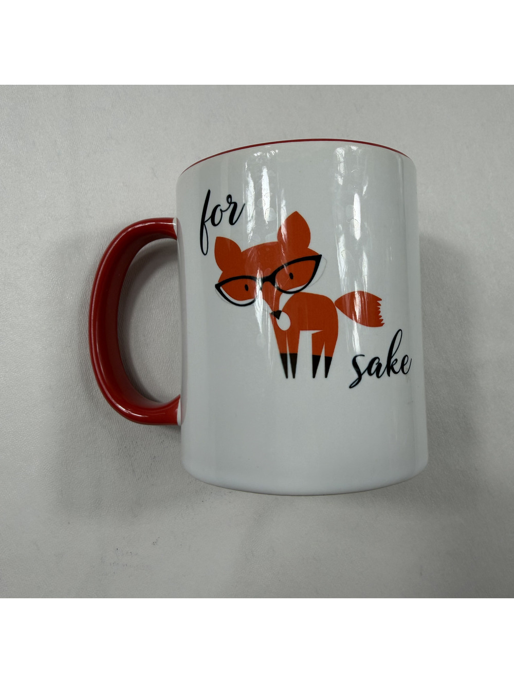 White Ceramic Coffee Mug with Red Handle and Fox Design